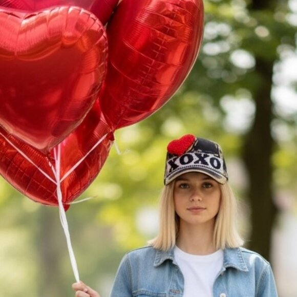 Valentine\'s Day Truckers Cap Hat Hand Decorated Red White Gold [COPY] main image 2
